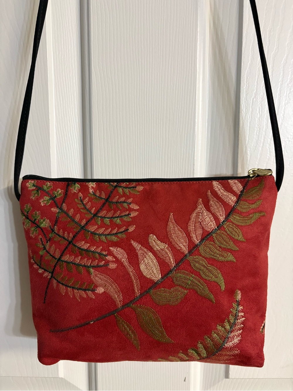 Danny K Red Suede Embroidered Fern Crossbody Bag